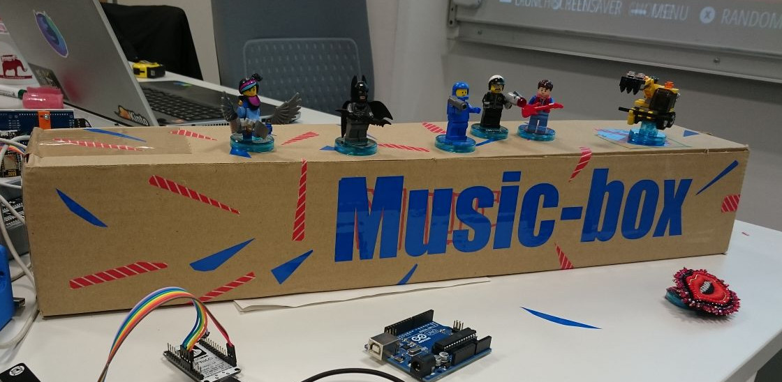 A cardboard made Music Box with Lego Dimension NFC tags on the top